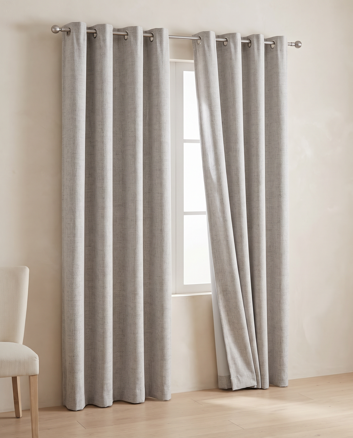 Greyish White grommet curtains, two-panel room styling visualization