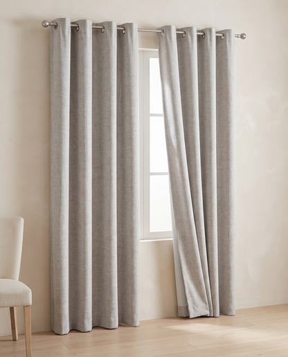 Greyish White grommet curtains, two-panel room styling visualization