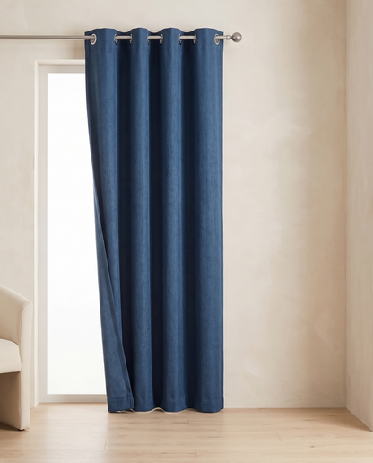 Denim Blue grommet curtains, single-panel room styling visualization