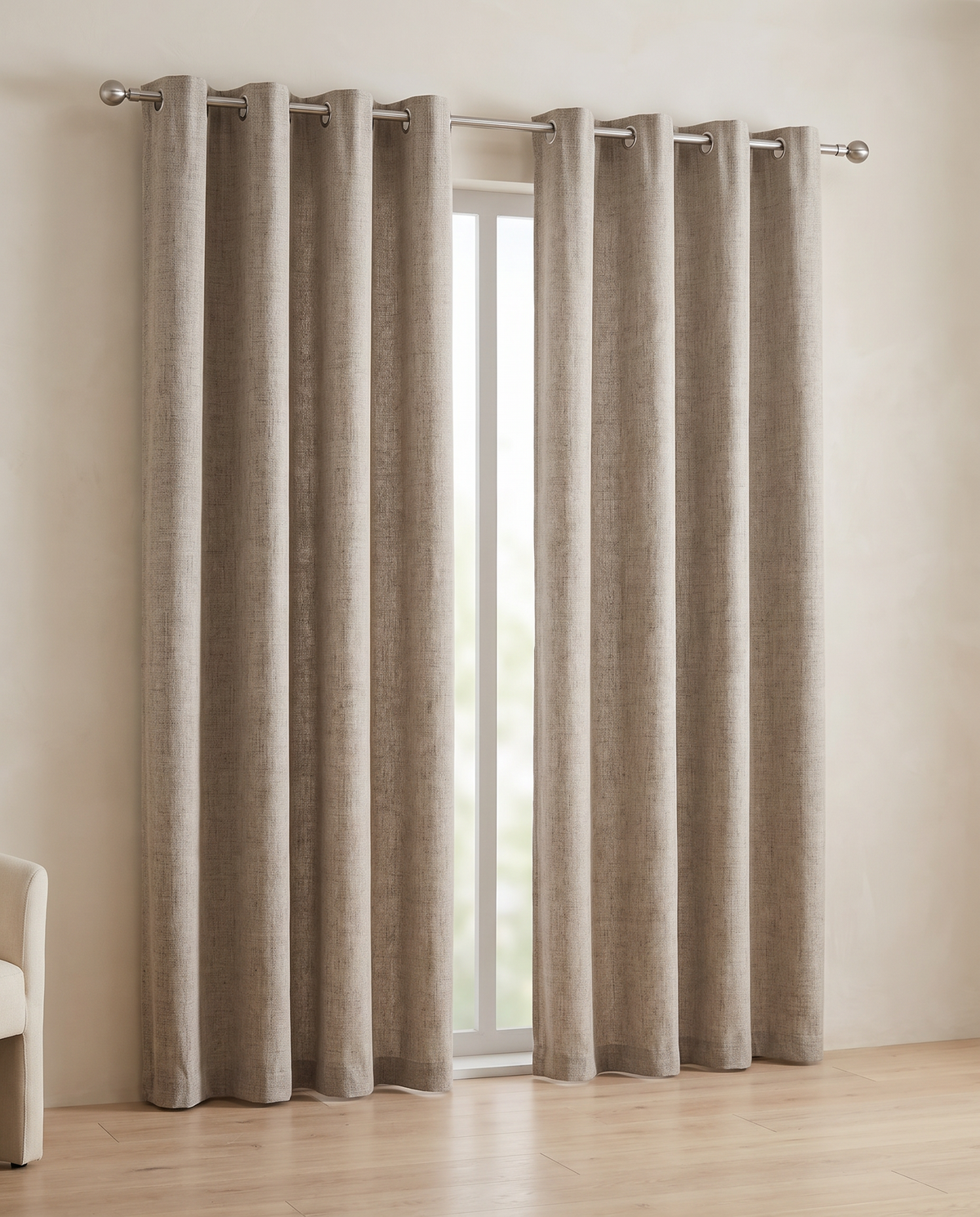 Linen grommet curtains, two-panel room styling visualization