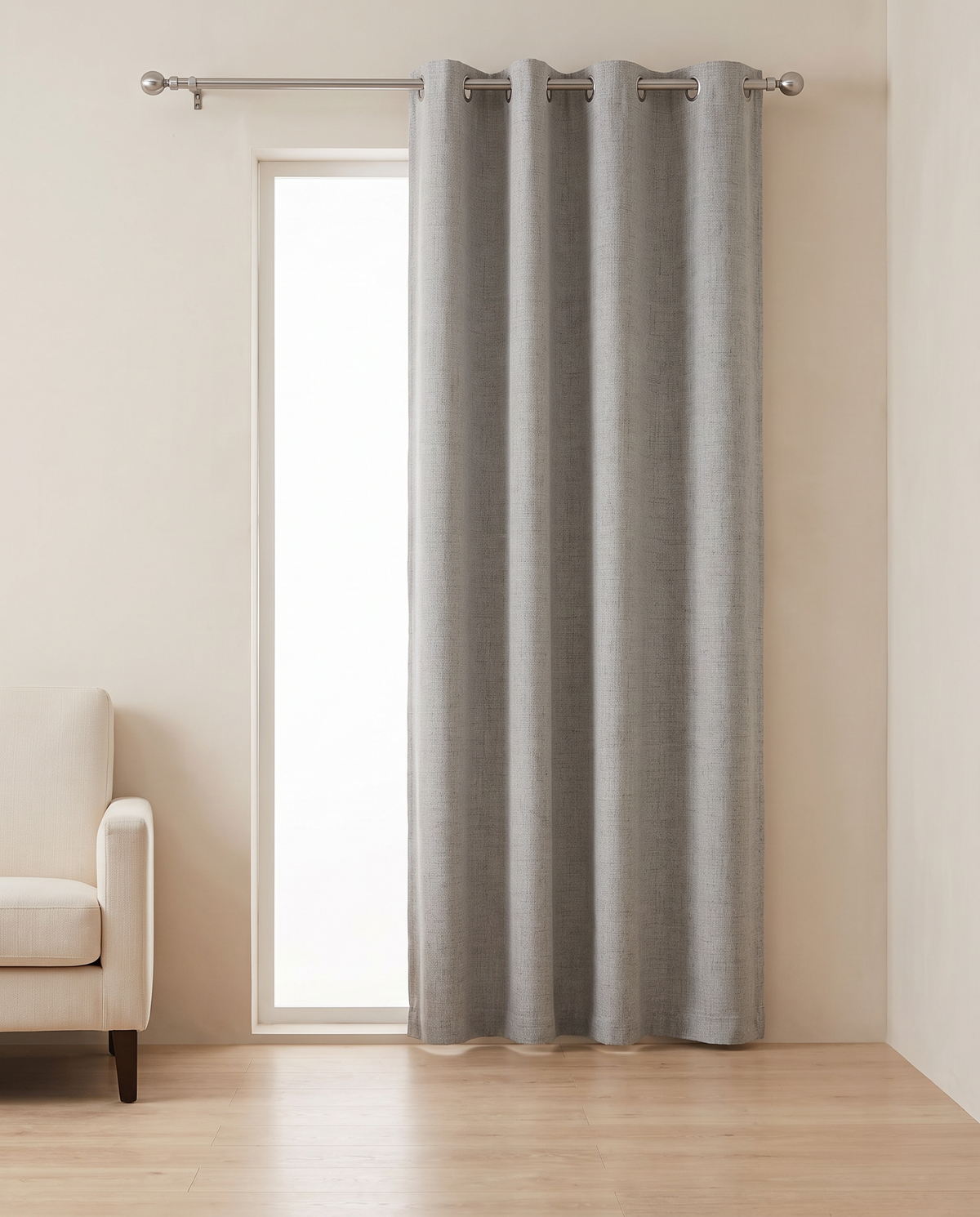 Light Grey grommet curtains, single-panel room styling visualization