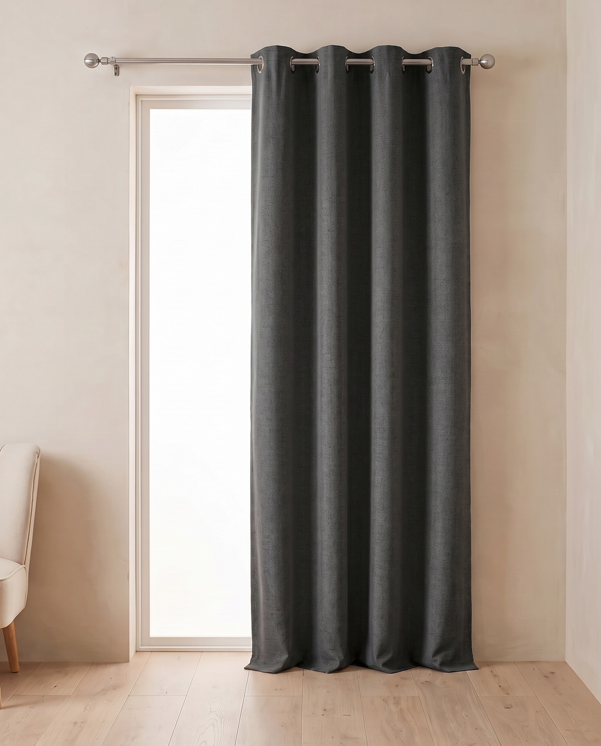 Dark Grey grommet curtain, corrected single-panel room styling visualization