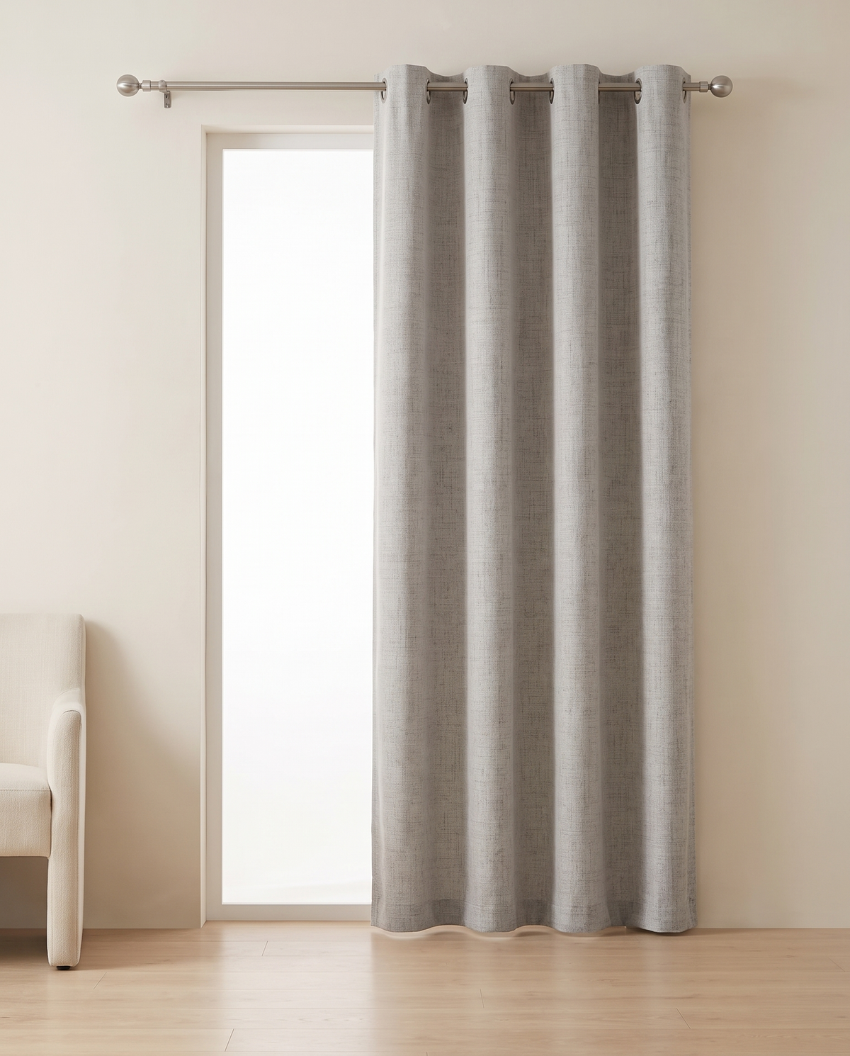 Greyish White grommet curtains, single-panel room styling visualization