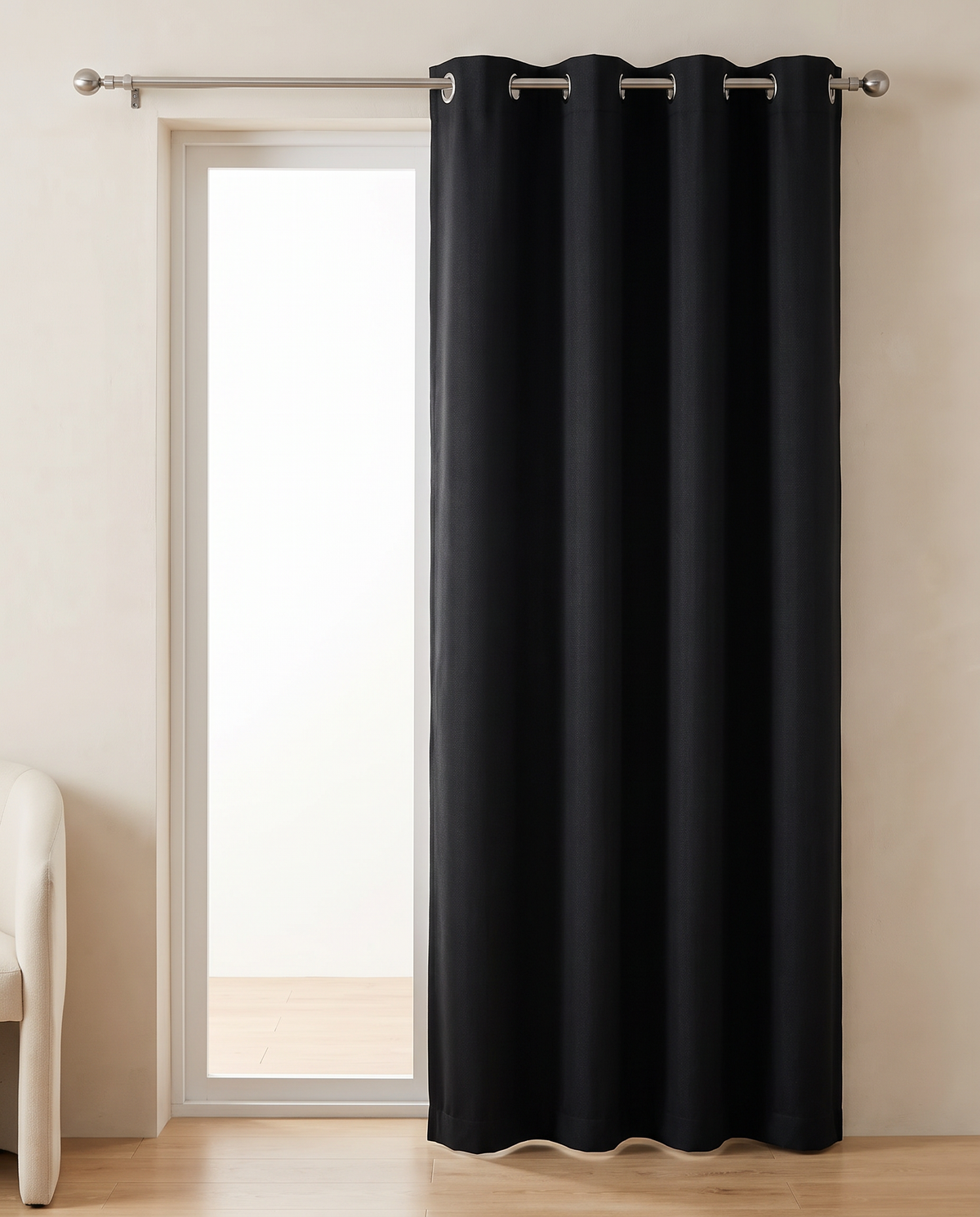 Black grommet curtains, single-panel room styling visualization