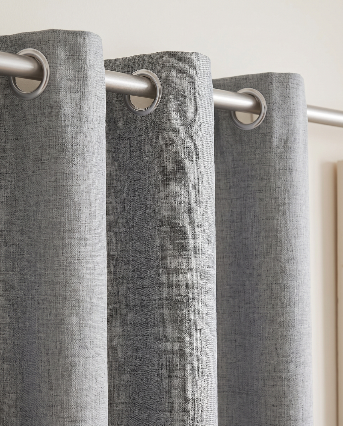 Light Grey woven grommet curtain detail styling visualization