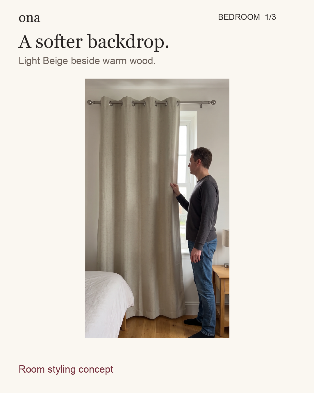 Bedroom, view 1 of 3. A softer backdrop. Light Beige beside warm wood. Room styling concept. Styling visualization.