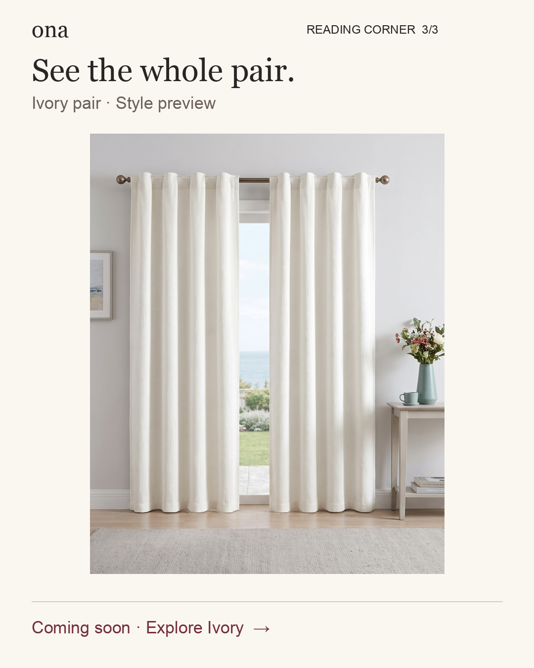 Reading corner, view 3 of 3. See the whole pair. Back Tab pair in Ivory. Explore the style. Styling visualization.