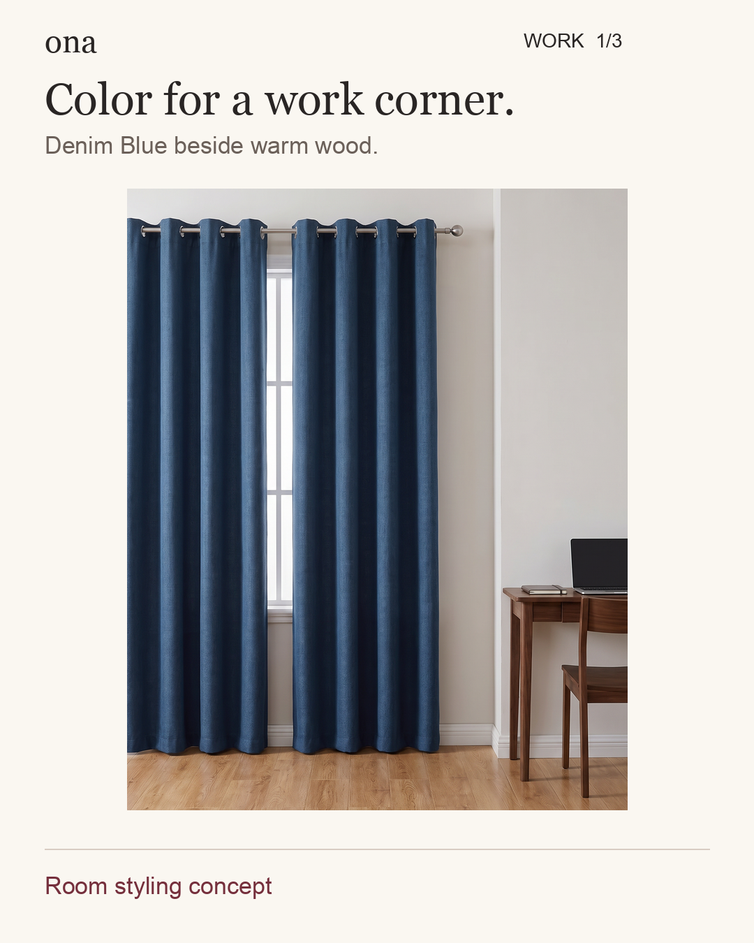 Work & study, view 1 of 3. Color for a work corner. Denim Blue beside warm wood. Room styling concept. Styling visualization.