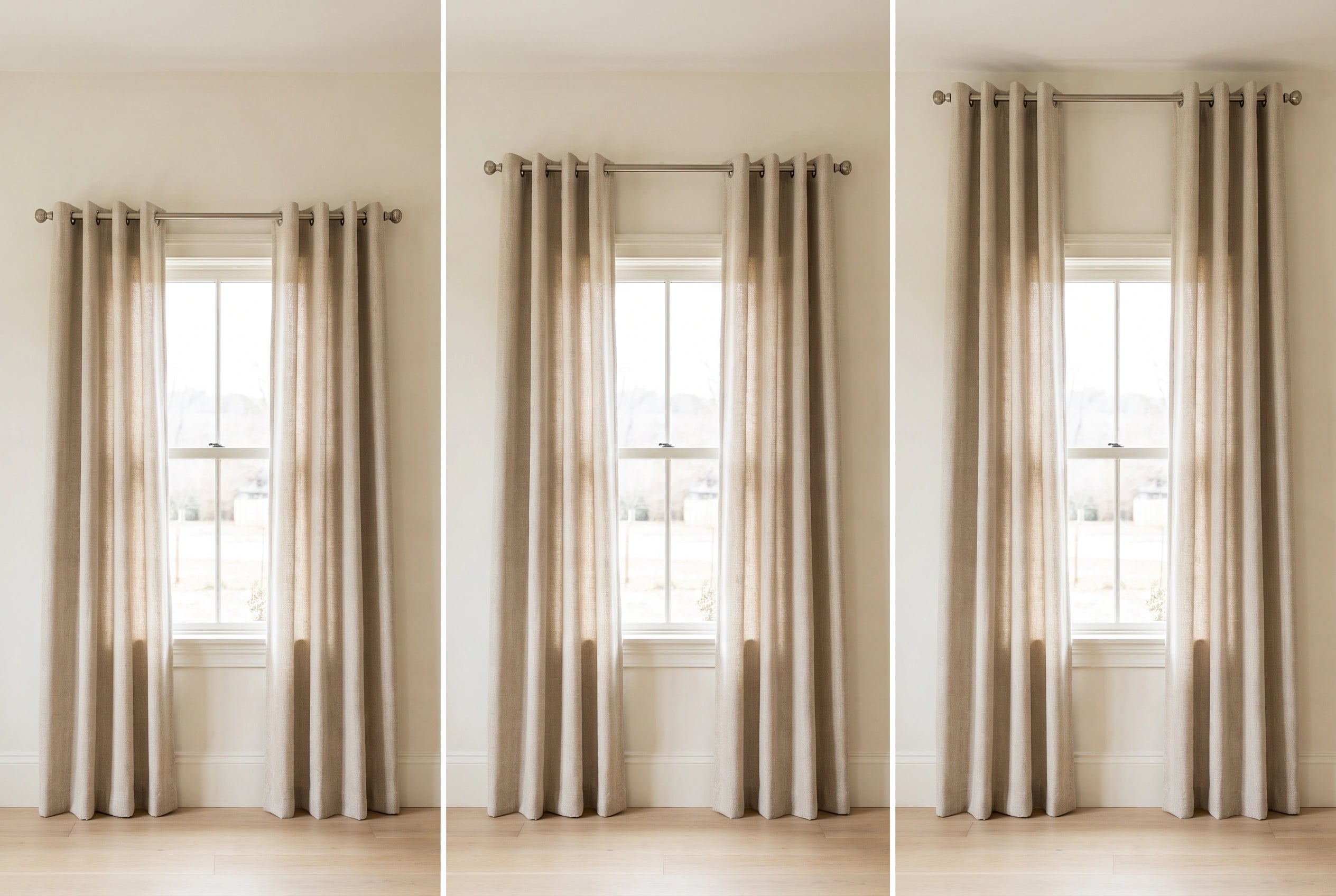 Three realistic curtain mounting heights compared in a warm ivory room